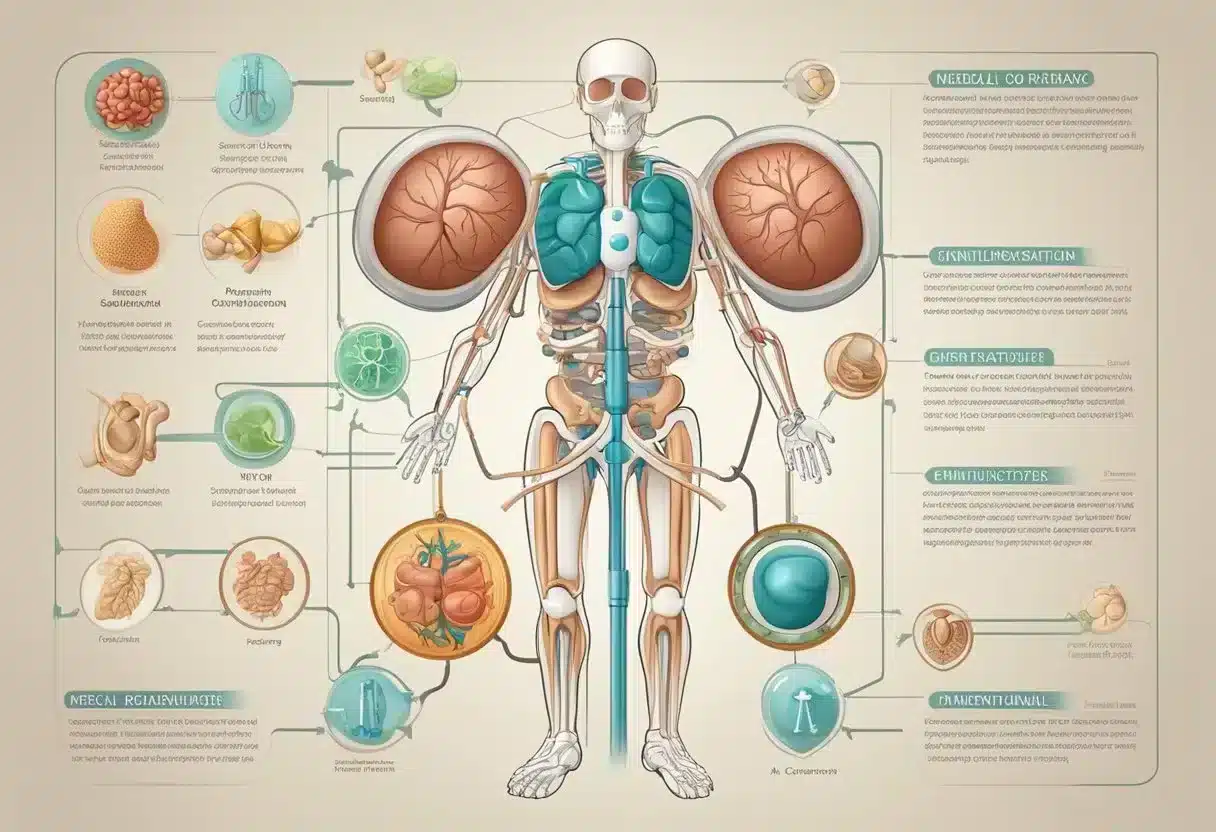 A medical illustration of a healthy genitourinary system with labeled organs and structures, surrounded by symbols of prevention such as a shield and a medical cross