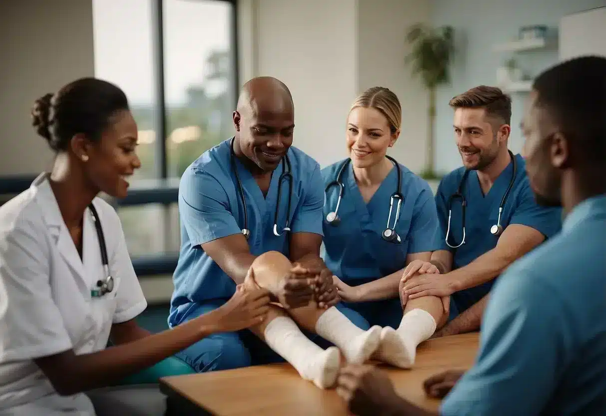 Healthcare providers educate and demonstrate injury prevention techniques to a diverse group of individuals in a community setting