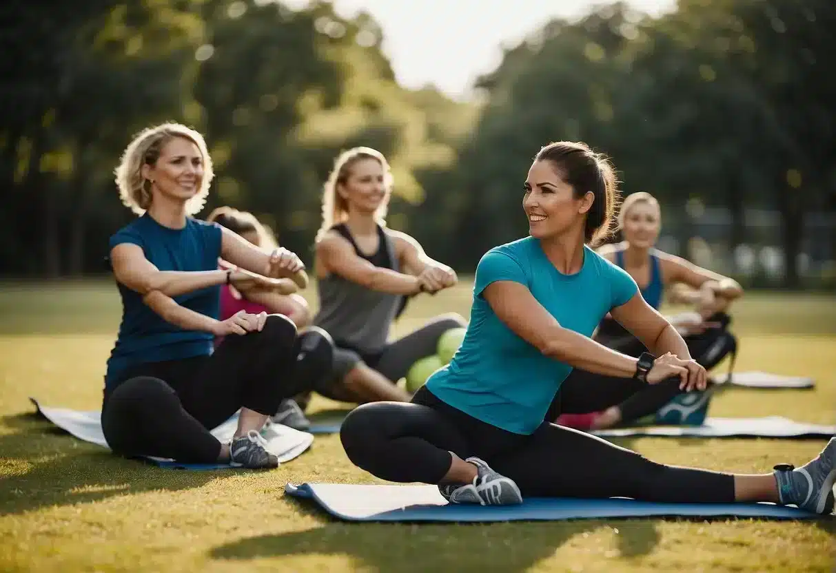 A group of people engaging in various physical activities, such as stretching, exercising, and using protective gear, while discussing injury prevention