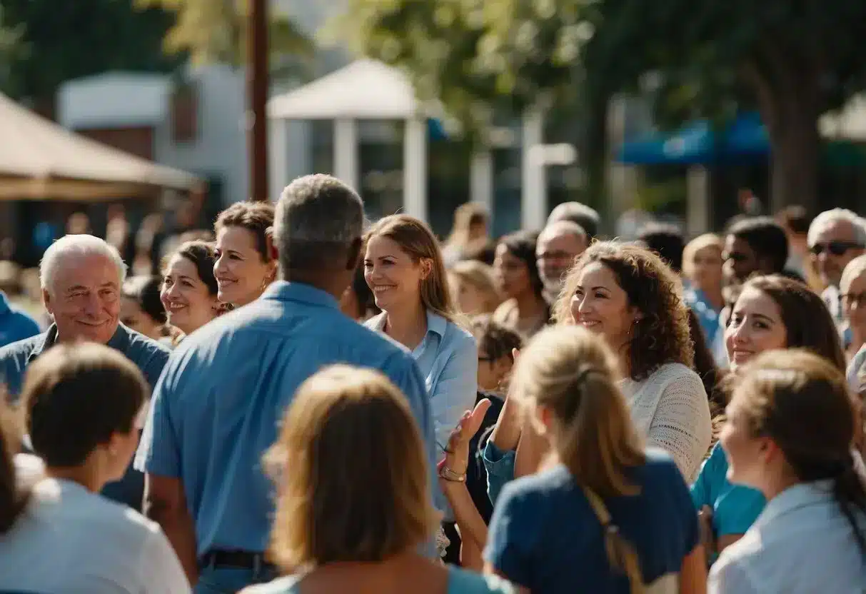 A community gathering, with people of all ages engaging in discussions and activities focused on preventing violence and promoting safety