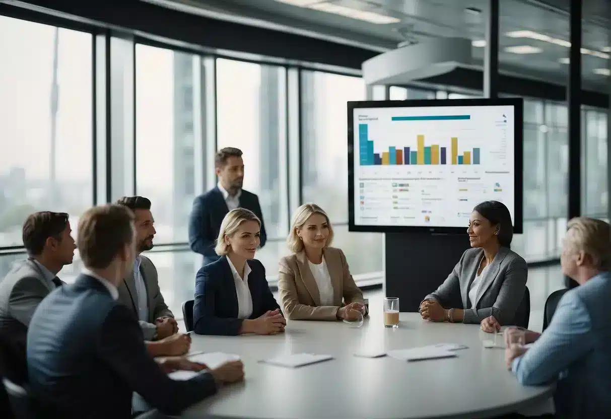 A group of people gather to discuss injury prevention policies and advocate for change. Charts and graphs are displayed, and passionate conversations fill the room