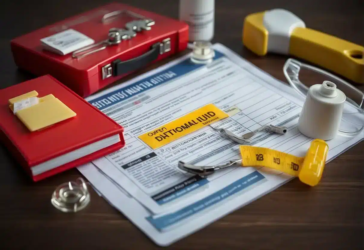 A safety manual open on a desk with a checklist, a first aid kit, and a caution sign on the wall