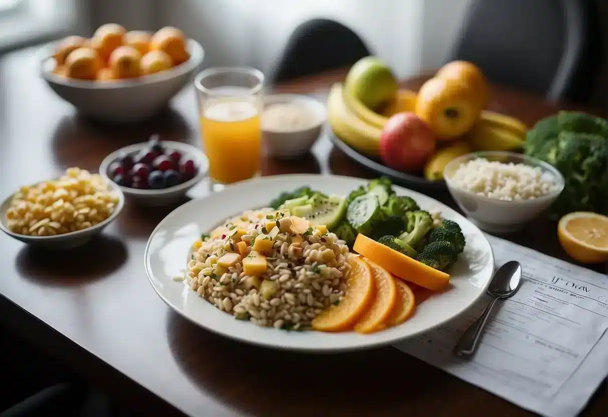 A healthy plate of food surrounded by exercise equipment and medical charts