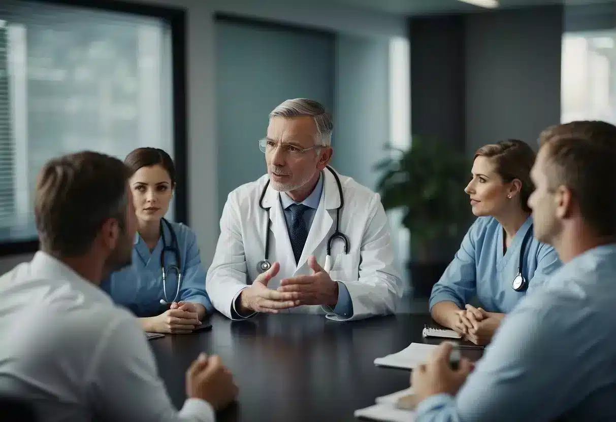 A doctor explaining prevention and management of metabolic diseases to a group of attentive listeners