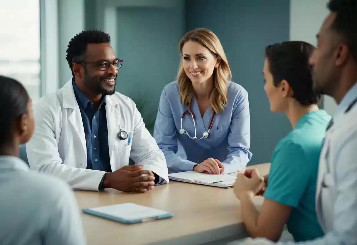 A doctor explaining metabolic disease prevention to a group of attentive patients in a bright, modern clinic setting