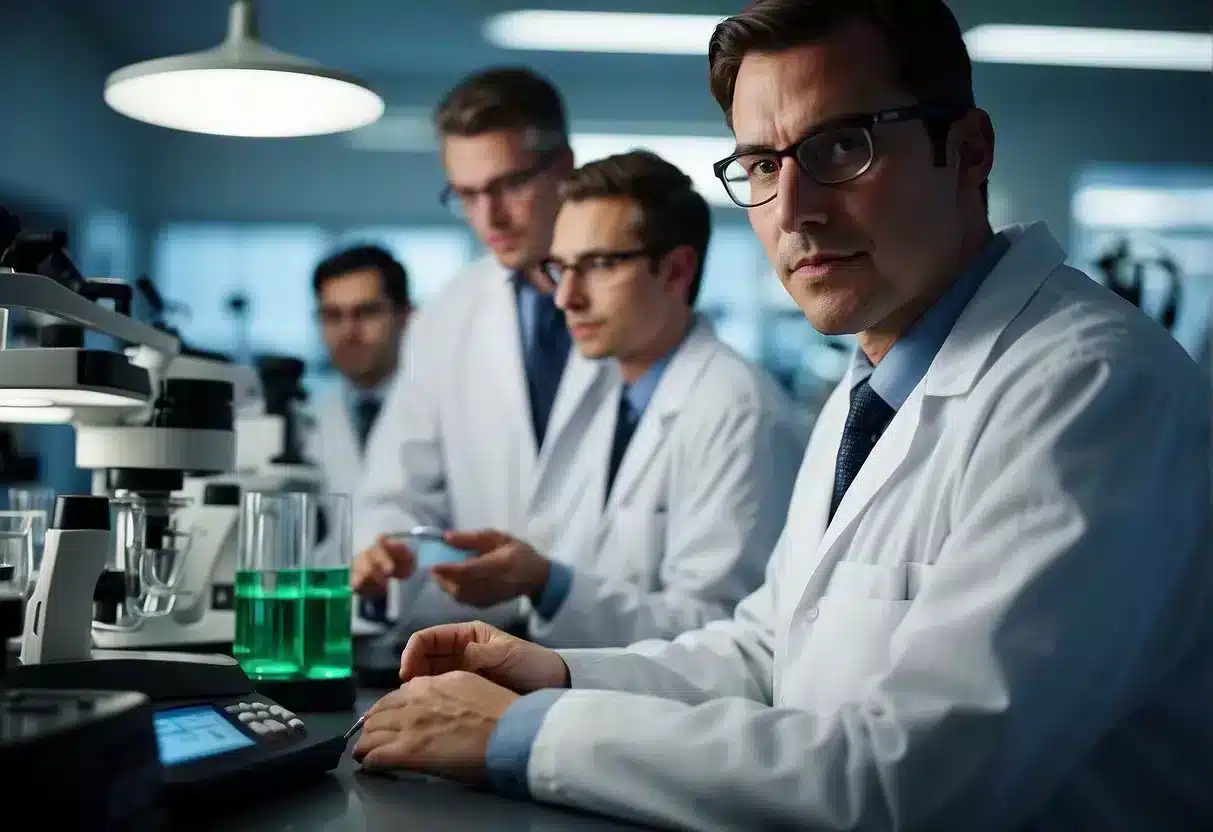 Scientists studying metabolic diseases, surrounded by lab equipment, discussing future research and prevention strategies