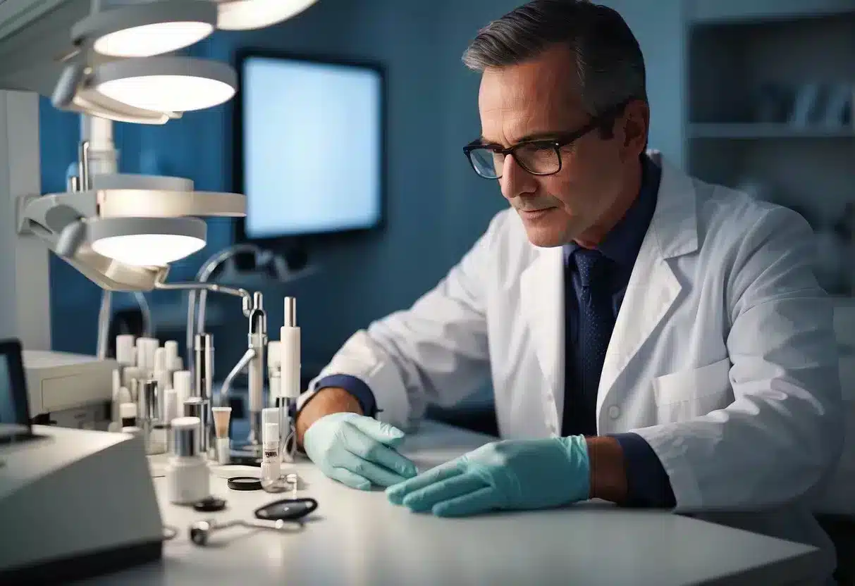 A dermatologist examines skin disease prevention and management with various tools and products in a clinical setting