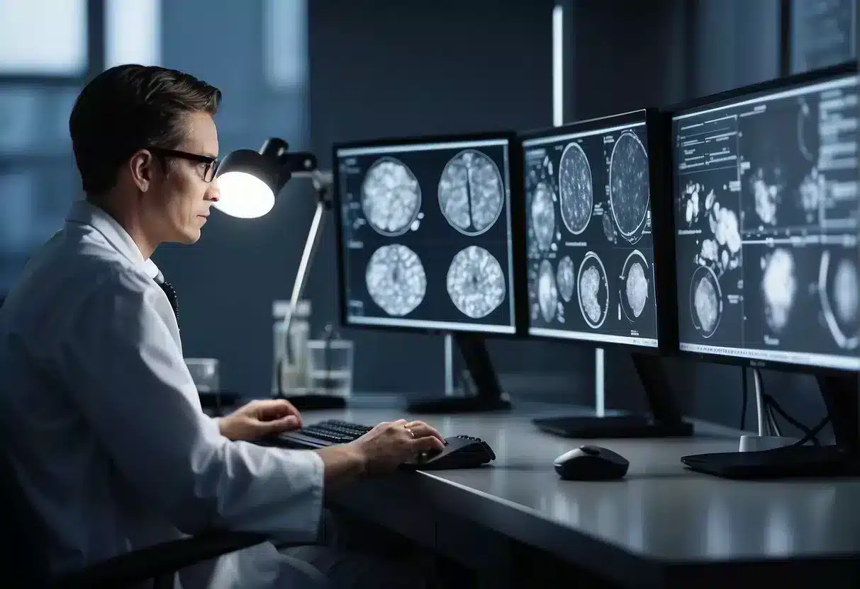 Scientists study skin samples under microscopes, while others analyze data on computer screens. Charts and graphs display progress in preventing skin diseases