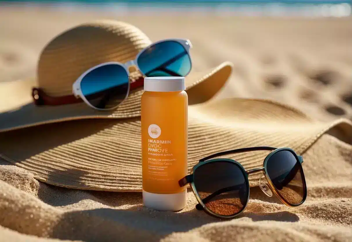 A bottle of sunscreen stands next to a wide-brimmed hat and sunglasses, all arranged on a sandy beach towel