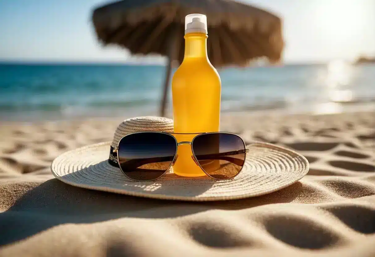 A bottle of sunscreen placed next to a wide-brimmed hat and sunglasses on a sandy beach