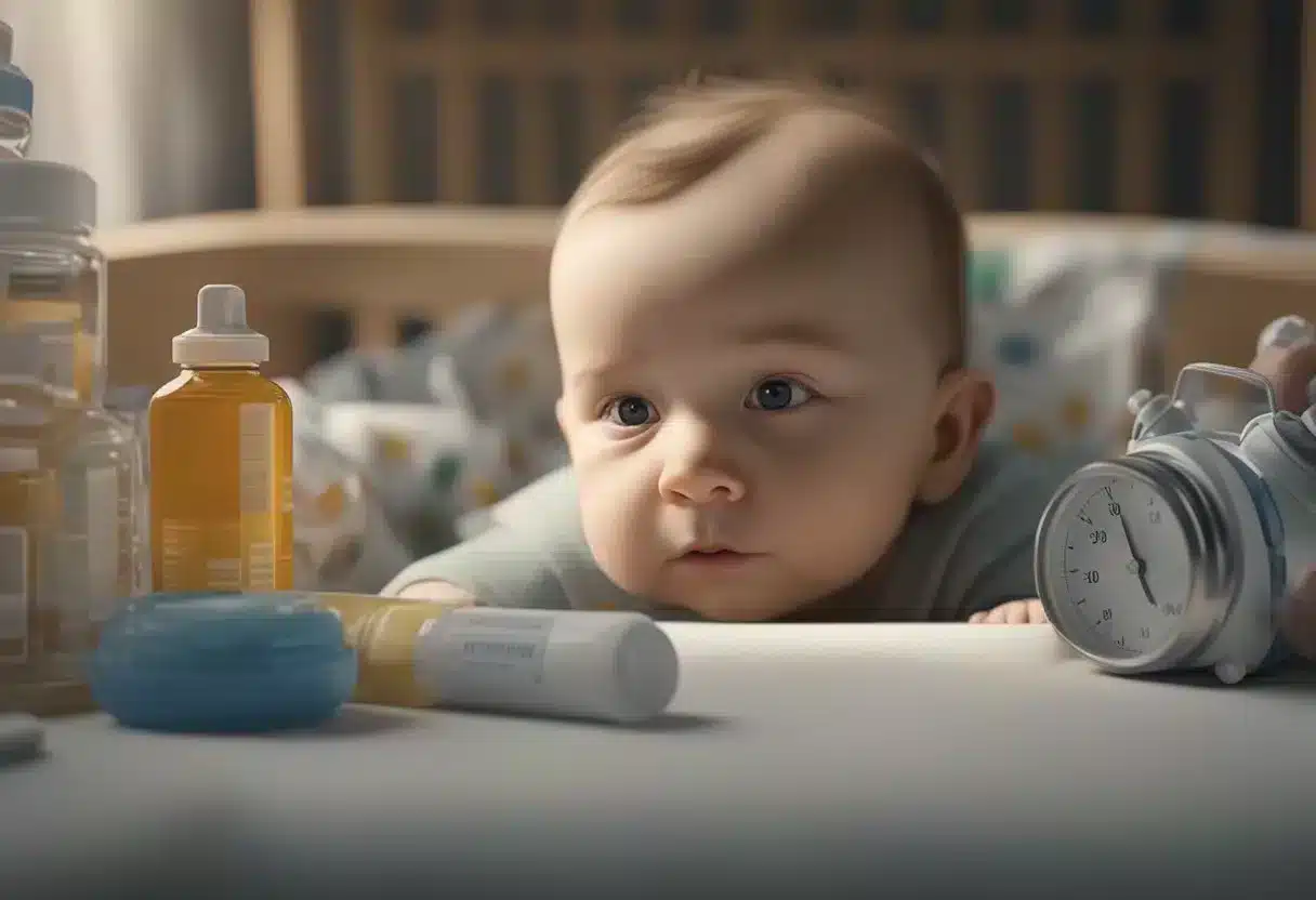 A baby lying in a crib with a thermometer in its mouth, surrounded by tissues, medicine bottles, and a concerned parent checking the baby's temperature