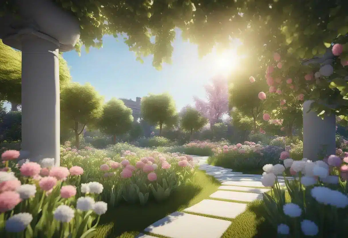 A vibrant garden with blooming flowers and healthy fruits, surrounded by clear blue skies and sunshine