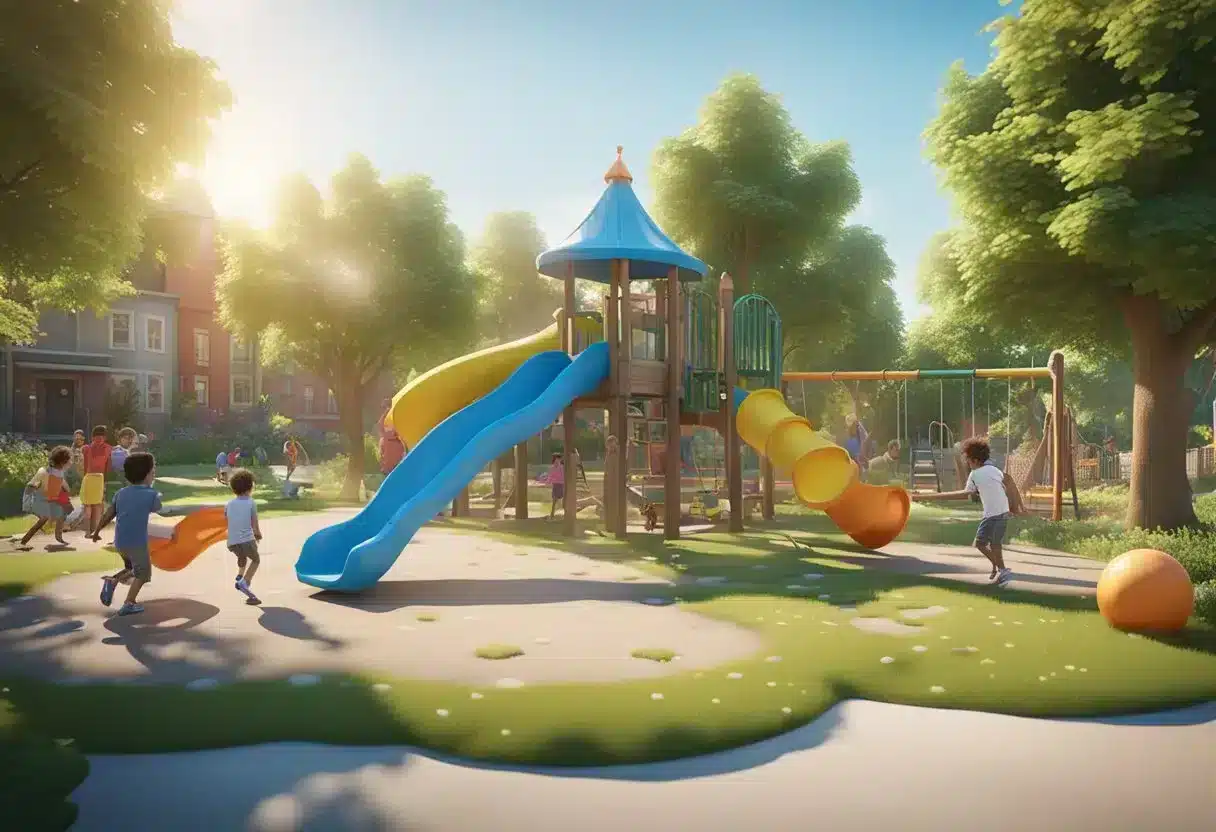A sunny playground with colorful equipment, surrounded by green trees and a clear blue sky. A group of children are playing and laughing, while parents and caregivers watch over them