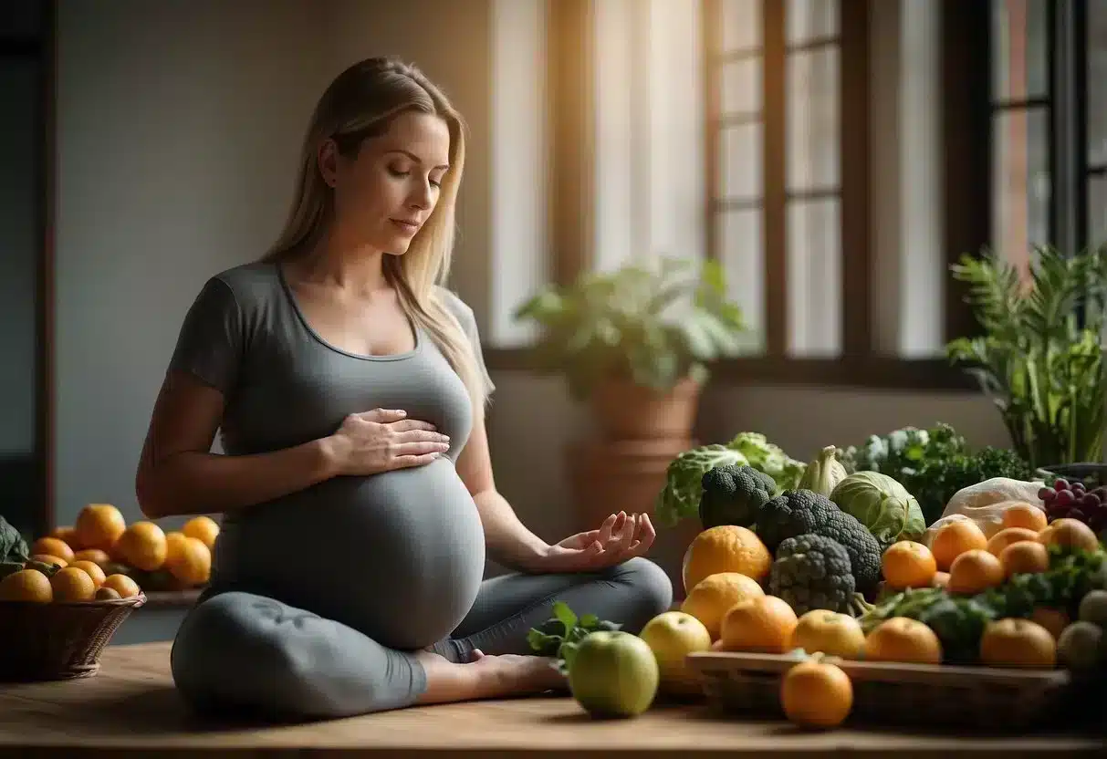 image-379 - Preventive Medicine Daily A pregnant woman practices yoga, eats fruits and vegetables, and takes prenatal vitamins
