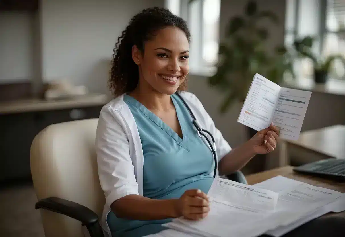 image-383 - Preventive Medicine Daily A smiling pregnant woman sits in a doctor's office, surrounded by pamphlets on prenatal care. The doctor gestures towards a chart showing the stages of pregnancy