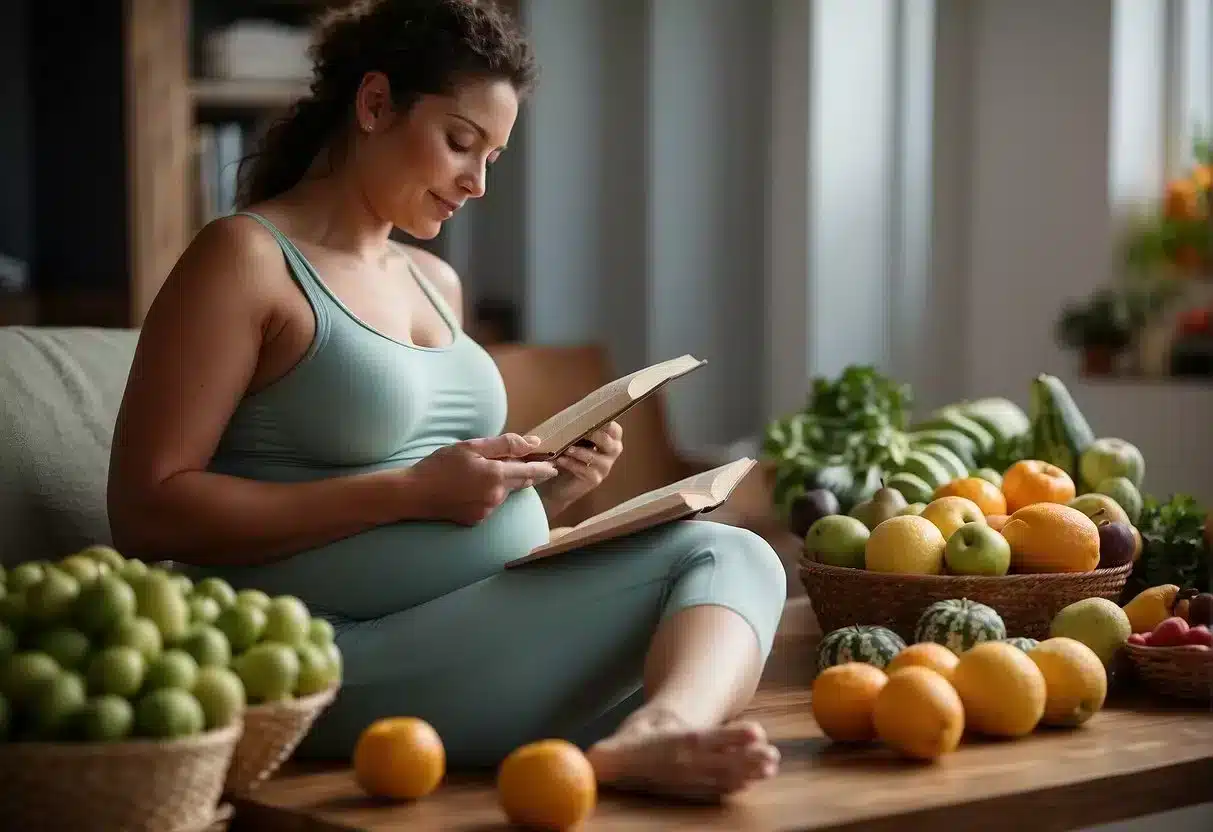image-386 - Preventive Medicine Daily A pregnant woman reading a book on prenatal health, surrounded by fruits, vegetables, and a yoga mat