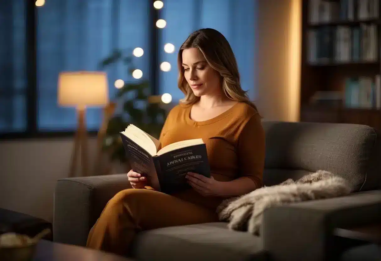 image-388 - Preventive Medicine Daily A pregnant woman reading a book on prenatal care, surrounded by legal documents and privacy policies
