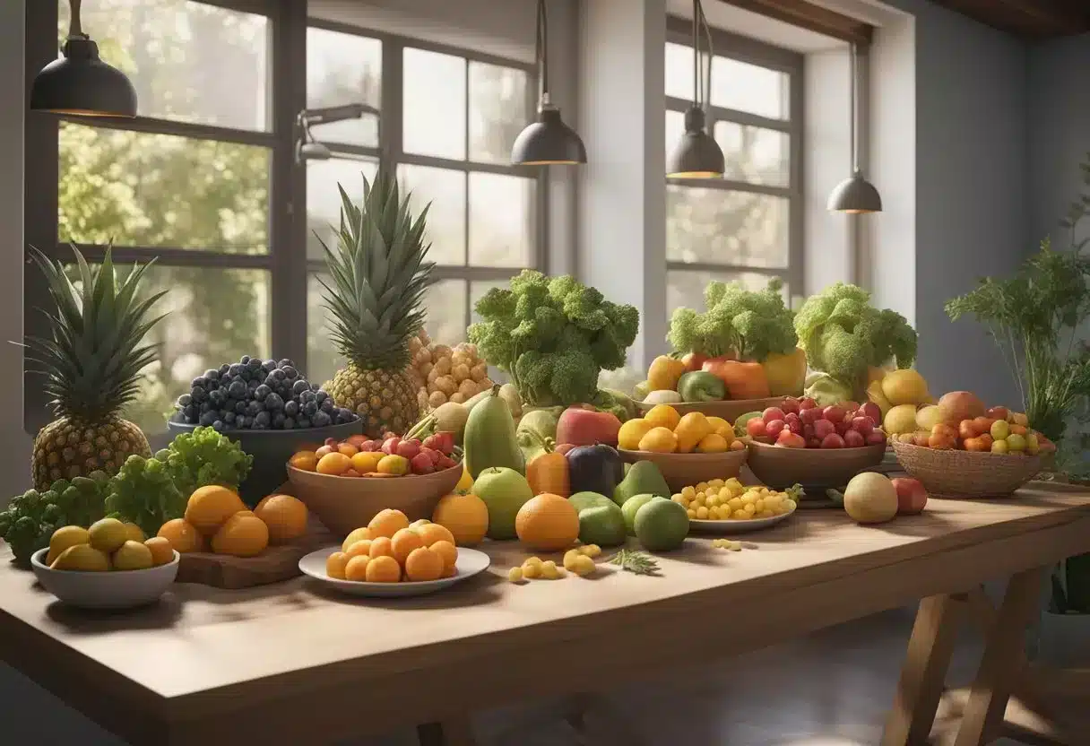 A table filled with colorful fruits, vegetables, and whole grains. A doctor's prescription for an anti-inflammatory diet hangs on the wall