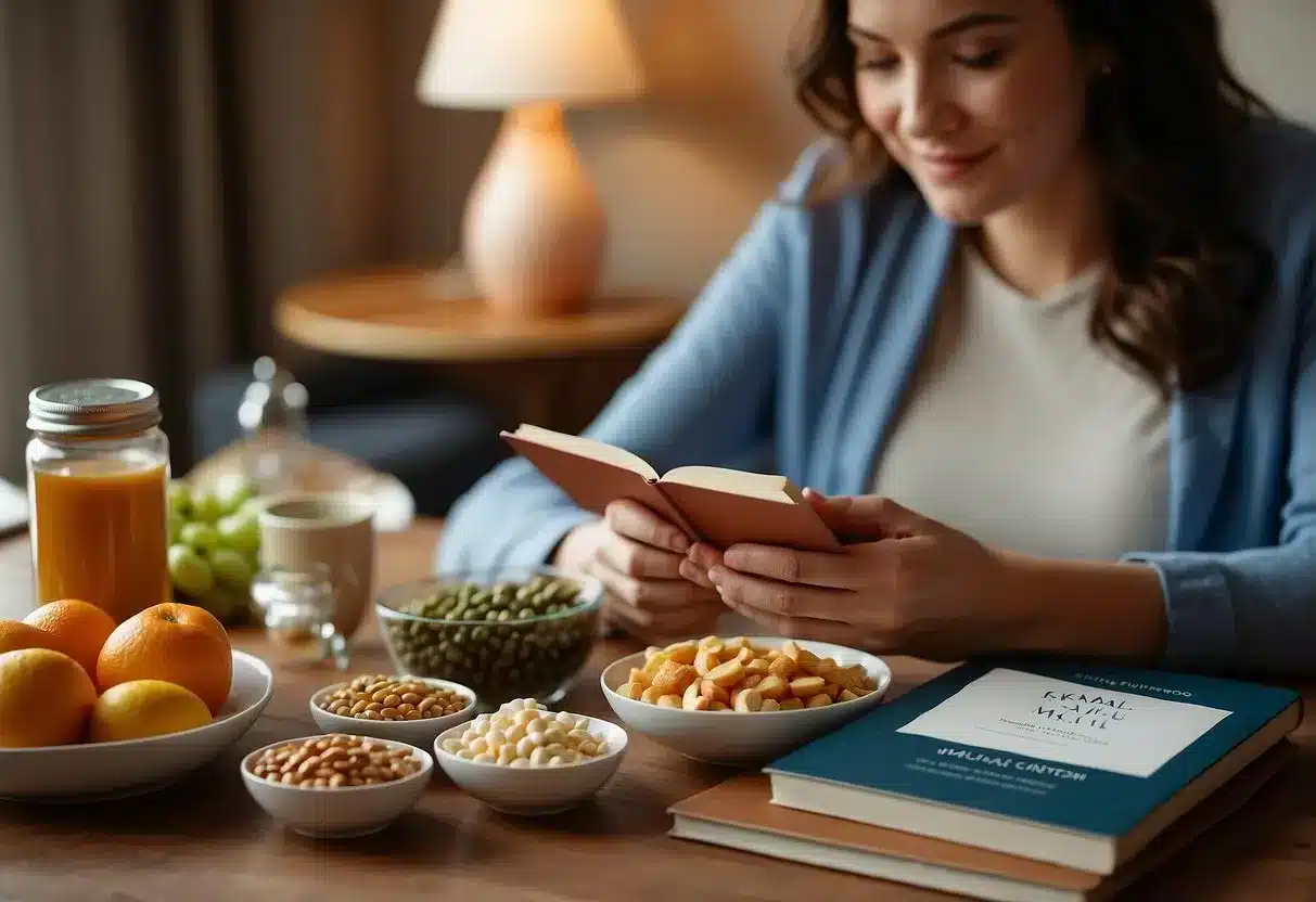 image-391 - Preventive Medicine Daily A pregnant person reading a book surrounded by prenatal vitamins, healthy foods, and a supportive partner