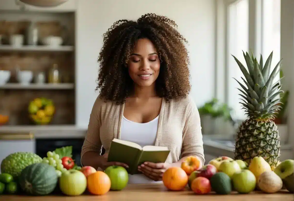 image-392 - Preventive Medicine Daily A pregnant woman reads a book on prenatal health while surrounded by fresh fruits, vegetables, and a prenatal vitamin bottle