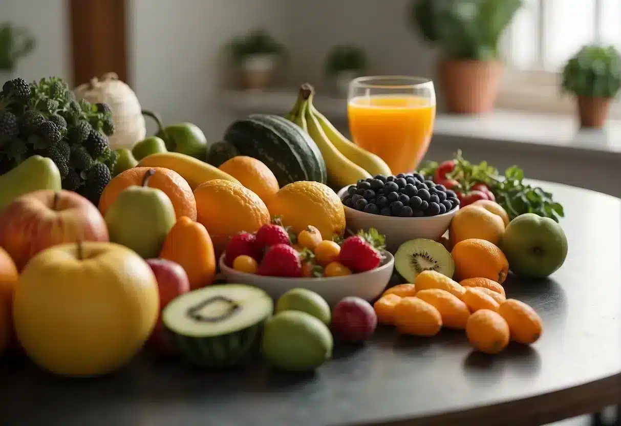 image-393 - Preventive Medicine Daily A colorful array of fruits, vegetables, and prenatal vitamins arranged on a table, with a pregnant woman's silhouette in the background