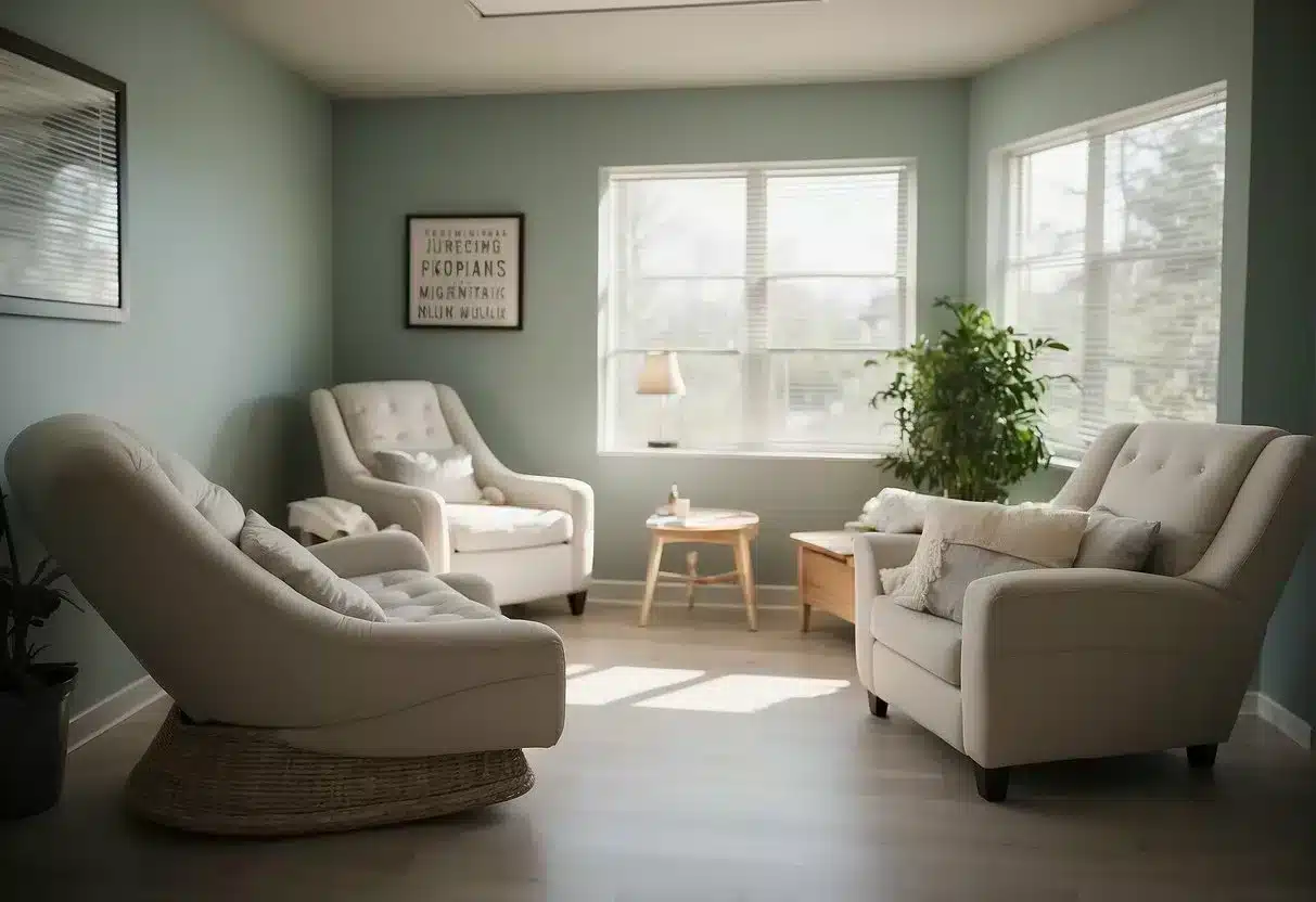 A serene birthing room with soft lighting, comfortable furniture, and supportive medical staff. A peaceful atmosphere with soothing music and essential oils