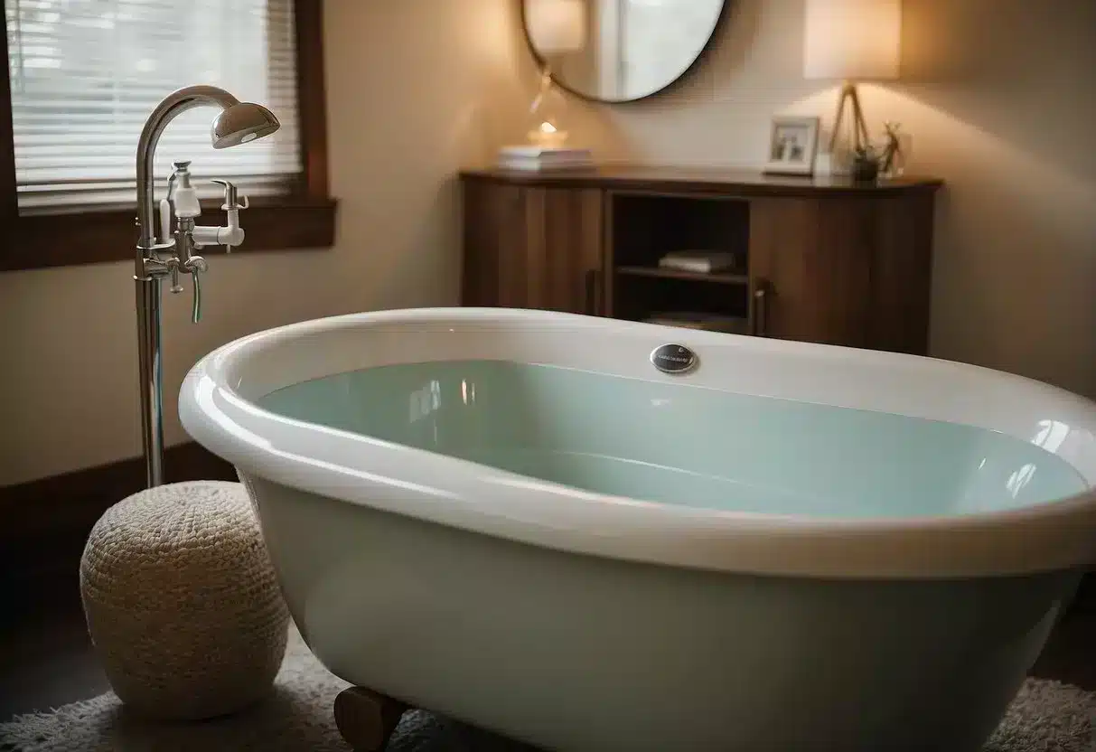 A serene birthing room with soft lighting, a comfortable birthing tub, and soothing music playing in the background
