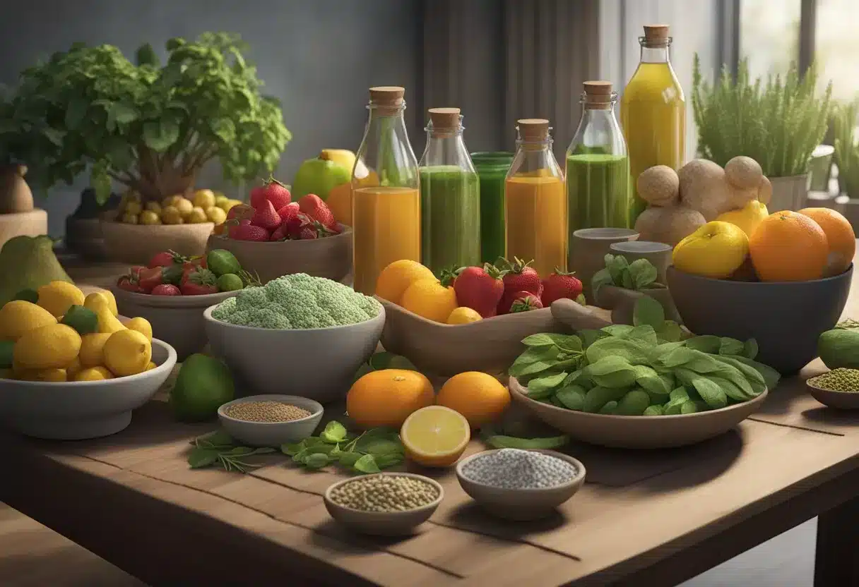 A table with various supplements and natural remedies, surrounded by fruits, vegetables, and herbs. A label reads "Anti-inflammatory diet for vasculitis."