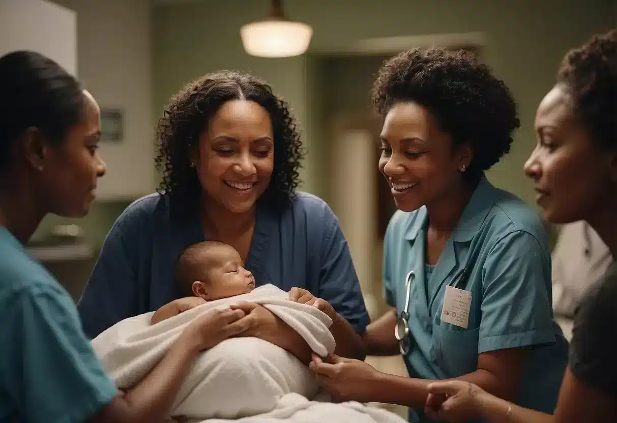 A diverse group of people gather around a mother in labor, showing support and care. The scene depicts a sense of community and the importance of societal and political involvement in ensuring healthy childbirth