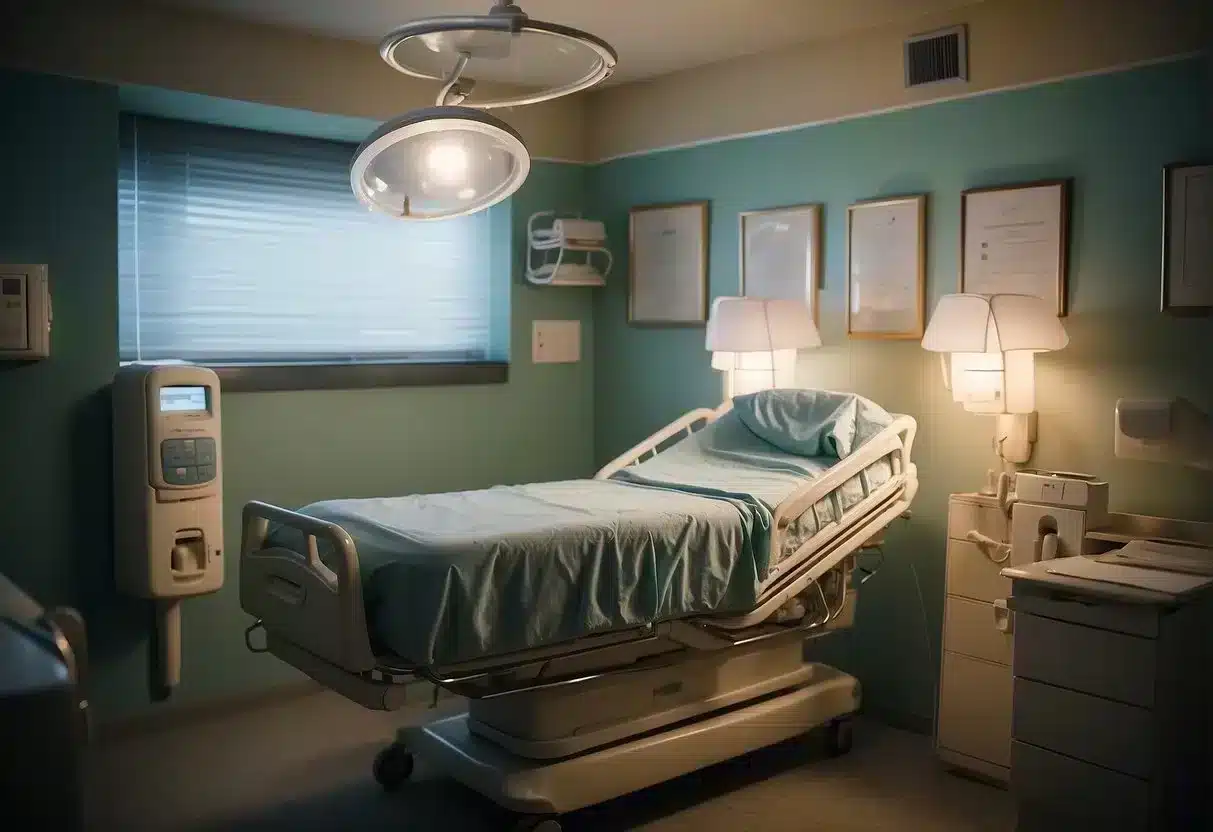 A serene birthing room with soft lighting, a comfortable birthing bed, and supportive medical staff assisting a mother in delivering her baby