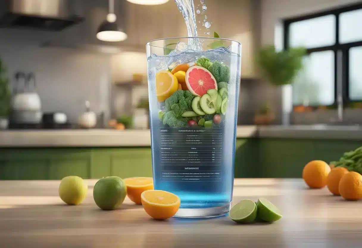 A glass of alkaline water surrounded by fruits and vegetables, with a list of benefits and side effects written in bold letters