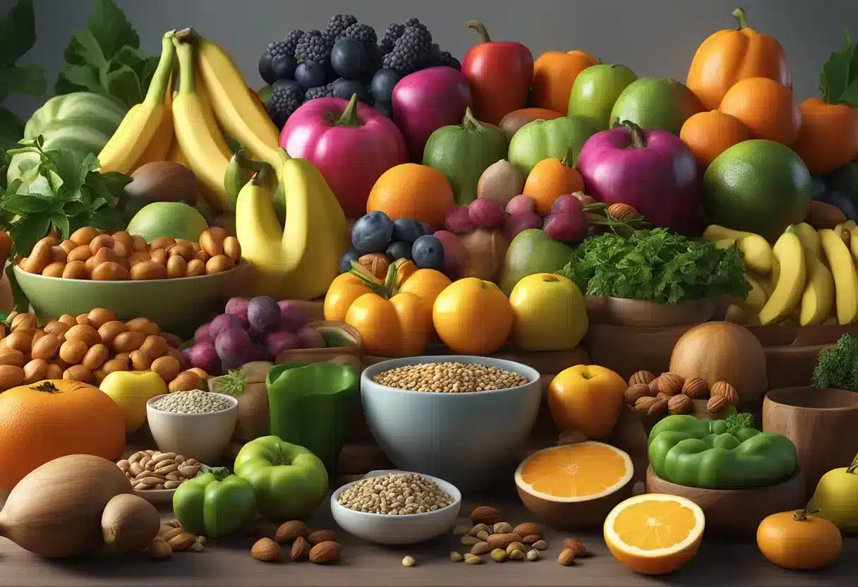 A colorful array of fruits, vegetables, nuts, and seeds arranged on a table, with a variety of herbs and spices in the background