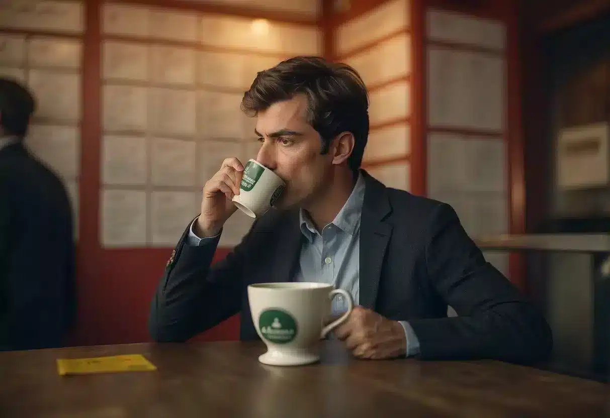 A person sipping mushroom tea with a concerned expression, surrounded by caution signs and a list of potential side effects