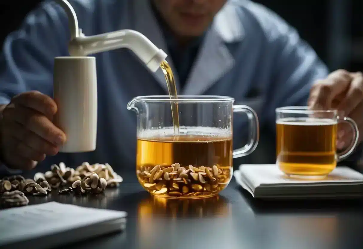 A scientist pours mushroom tea into a beaker, surrounded by research papers and equipment. The benefits and side effects are being studied