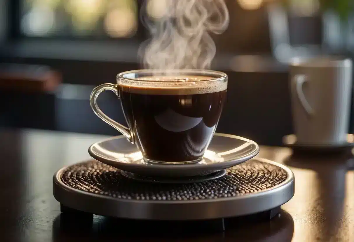 A steaming cup of Java Burn coffee sits on a scale, showing weight loss results