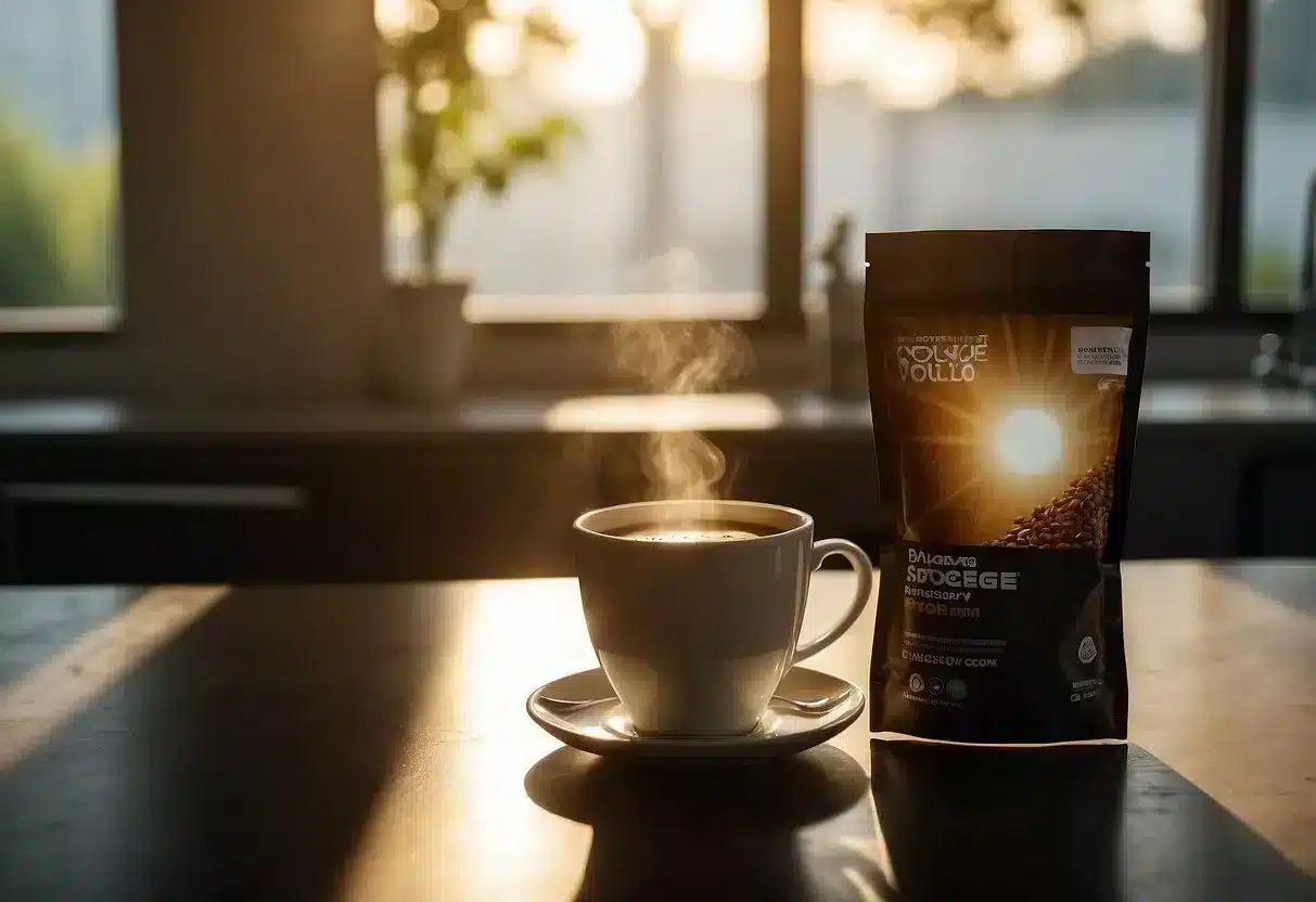 A steaming cup of coffee sits next to a bottle of weight loss supplements on a sleek, modern kitchen counter. Rays of sunlight filter through the window, casting a warm glow on the scene