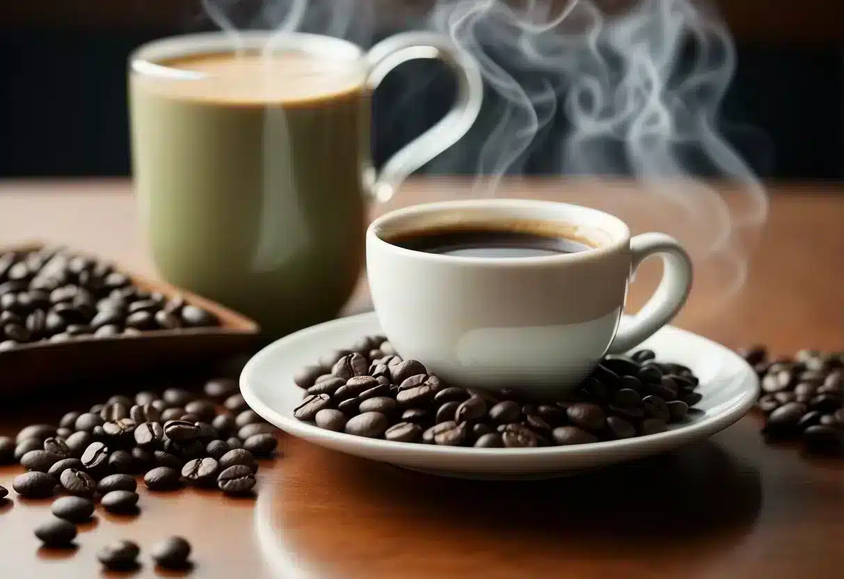 A steaming cup of coffee surrounded by weight loss supplements and a bag of java beans