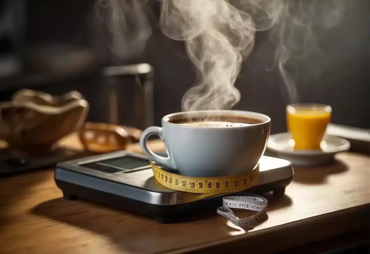 A steaming cup of coffee sits on a table next to a scale and a tape measure, symbolizing the strategies for maintaining long-term weight loss