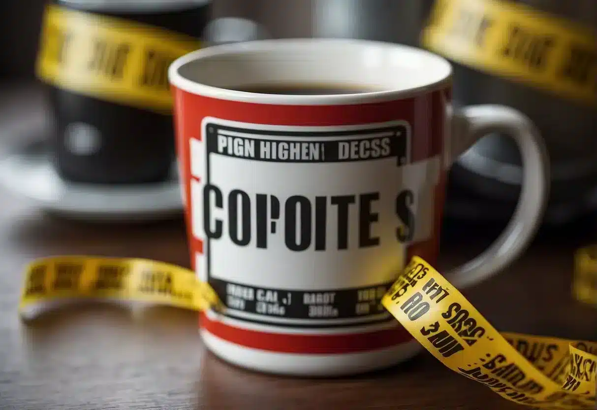 A coffee cup with a weight loss label, surrounded by warning signs and caution tape