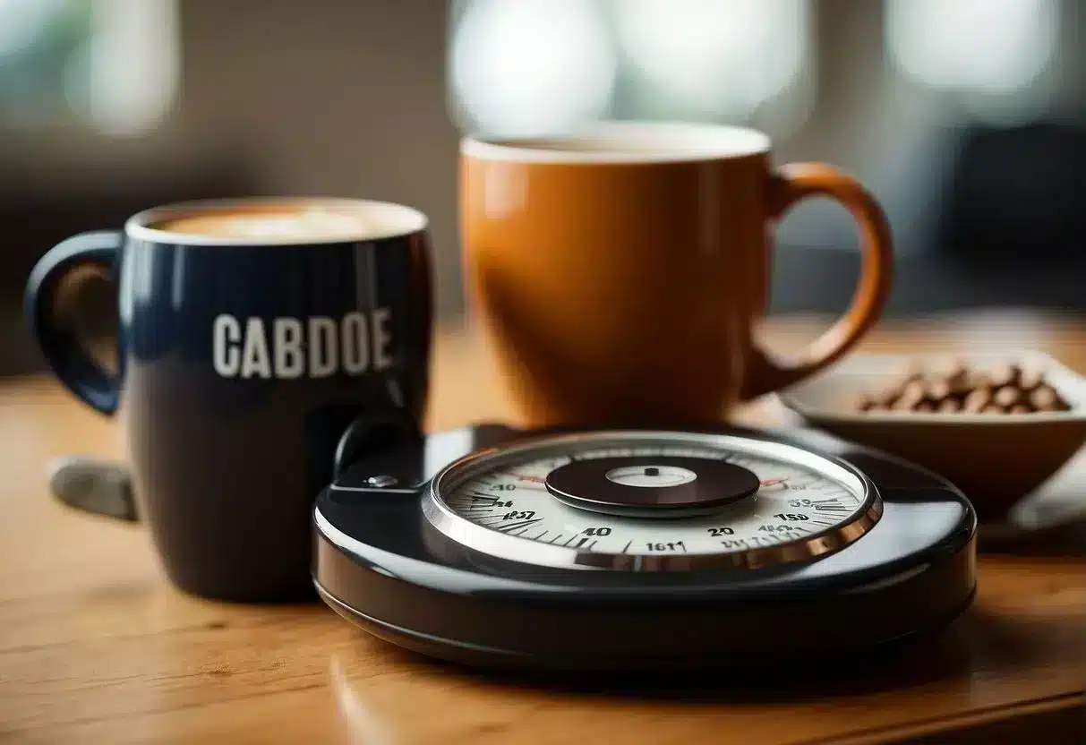 A coffee mug surrounded by weight loss-related items like a scale, measuring tape, and exercise equipment