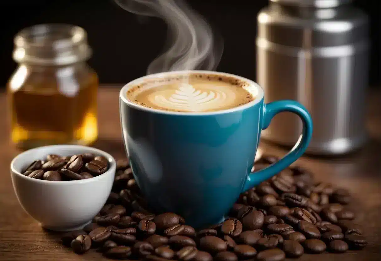 A steaming cup of coffee surrounded by weight loss supplements and a stack of expert opinion articles