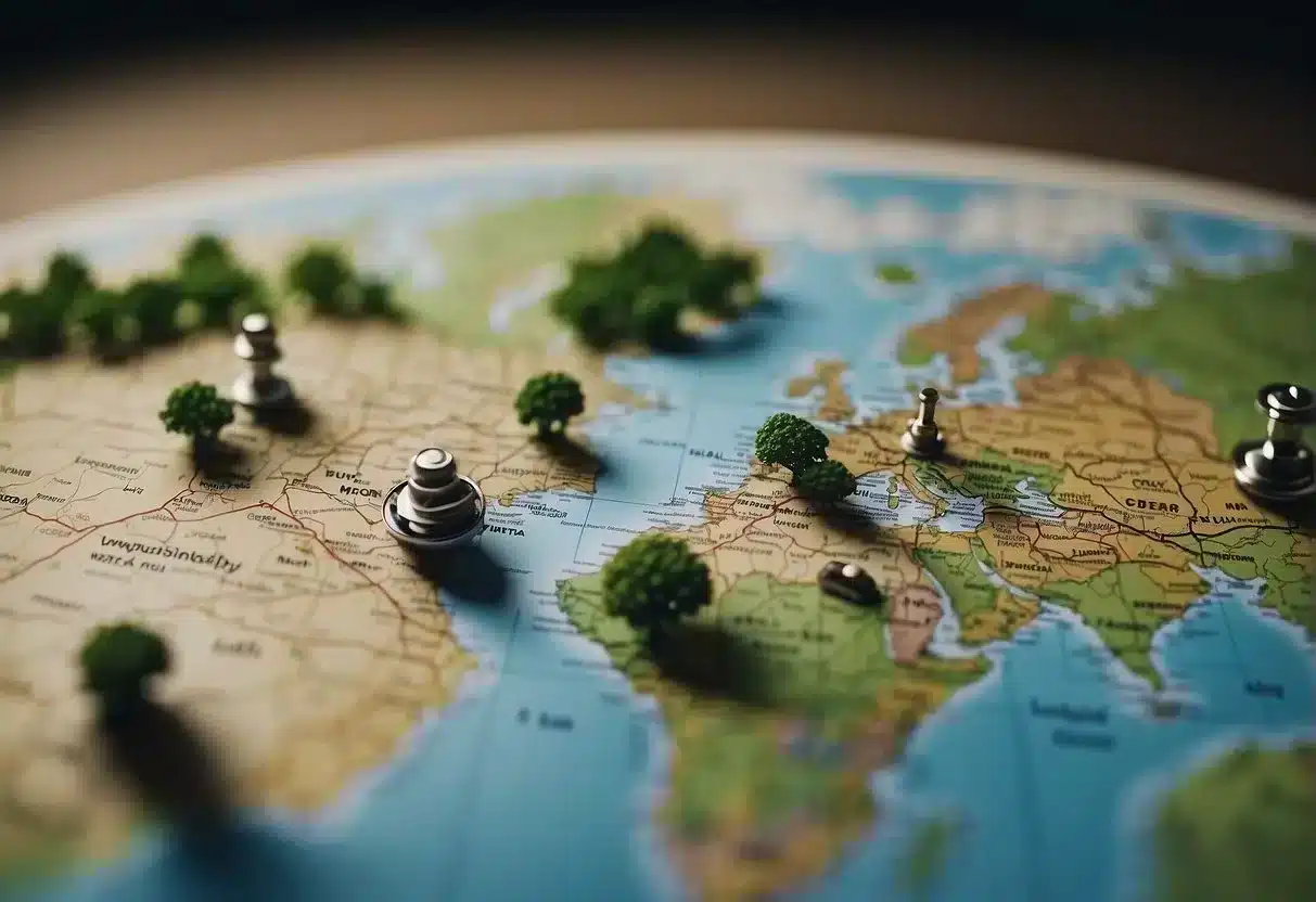 A map with various landscapes and medical symbols, showing the influence of geography on health