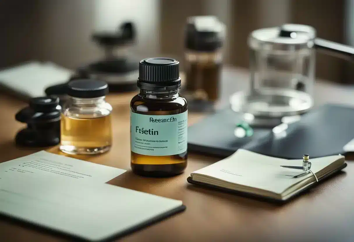A lab table with a bottle of Fisetin supplement, a microscope, and a notepad with research notes