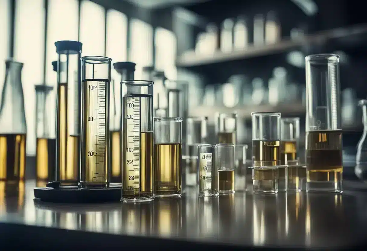 A lab setting with test tubes and scientific equipment, showcasing the process of studying fisetin benefits and side effects