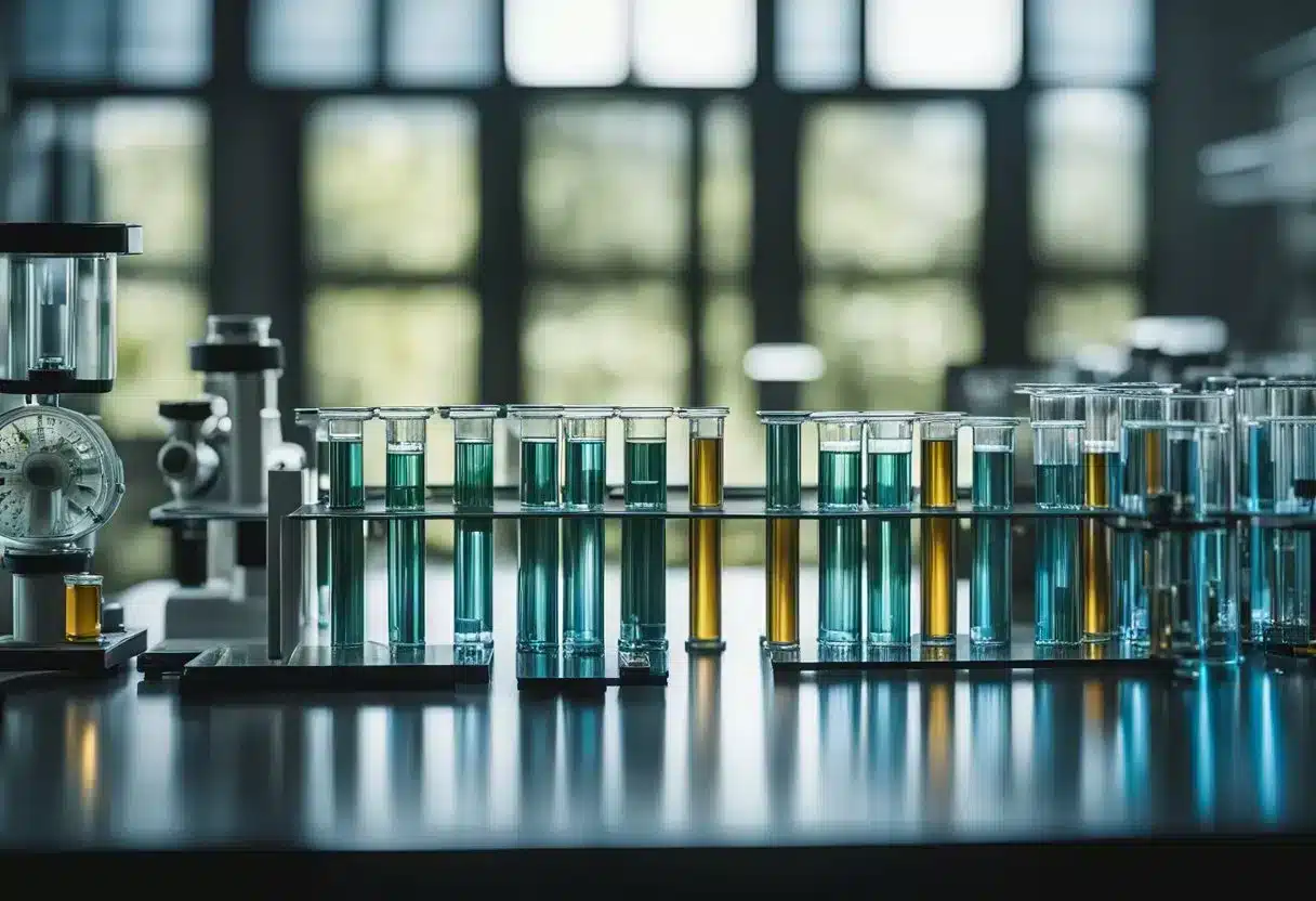 A laboratory setting with test tubes, microscopes, and research papers on fisetin benefits and side effects, indicating ongoing scientific exploration and future directions in fisetin research