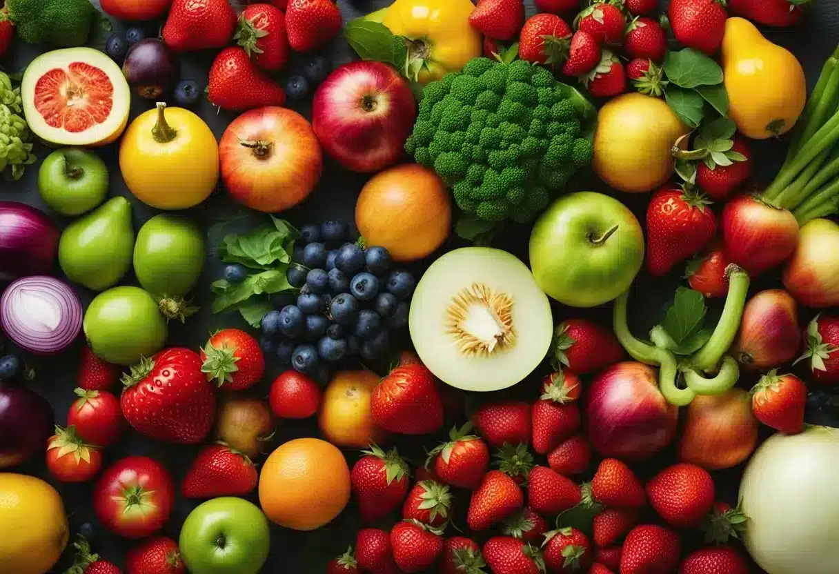 A colorful assortment of fresh fruits and vegetables, including strawberries, apples, and onions, are displayed on a vibrant backdrop, representing the health benefits of fisetin