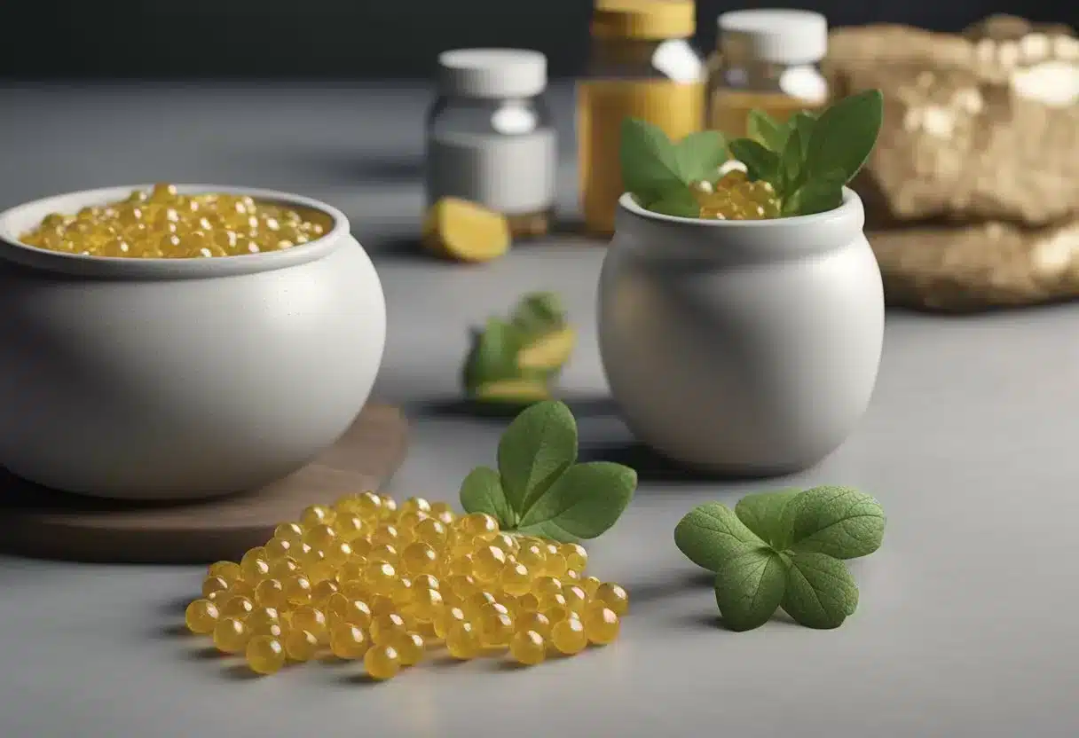 A gut with visible leaks being sealed and treated with natural remedies and supplements