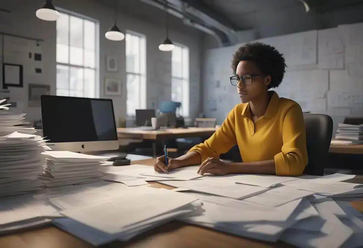 A person sitting at a computer, surrounded by scattered papers and a pen, with a thoughtful expression on their face as they research "leaky gut" and compile a list of frequently asked questions
