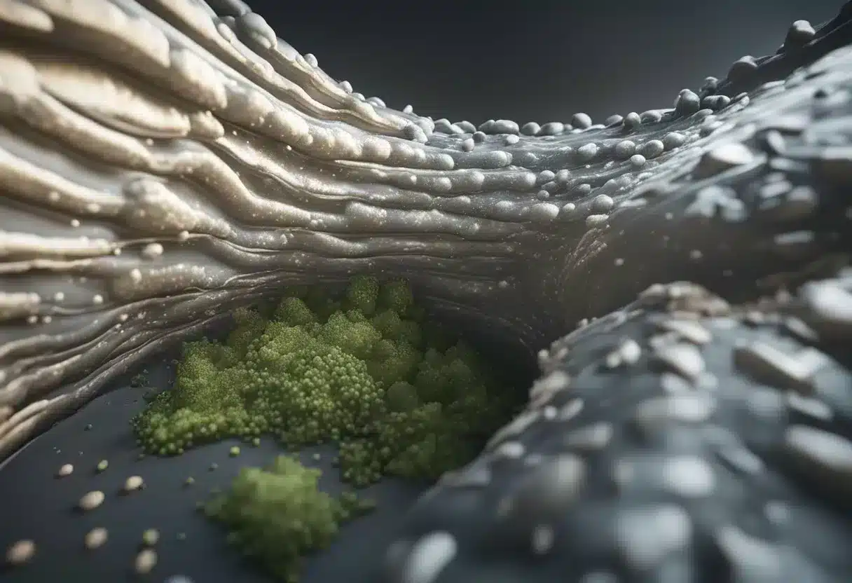 A damaged intestinal lining with small gaps and permeable membranes, allowing undigested food particles and toxins to leak into the bloodstream