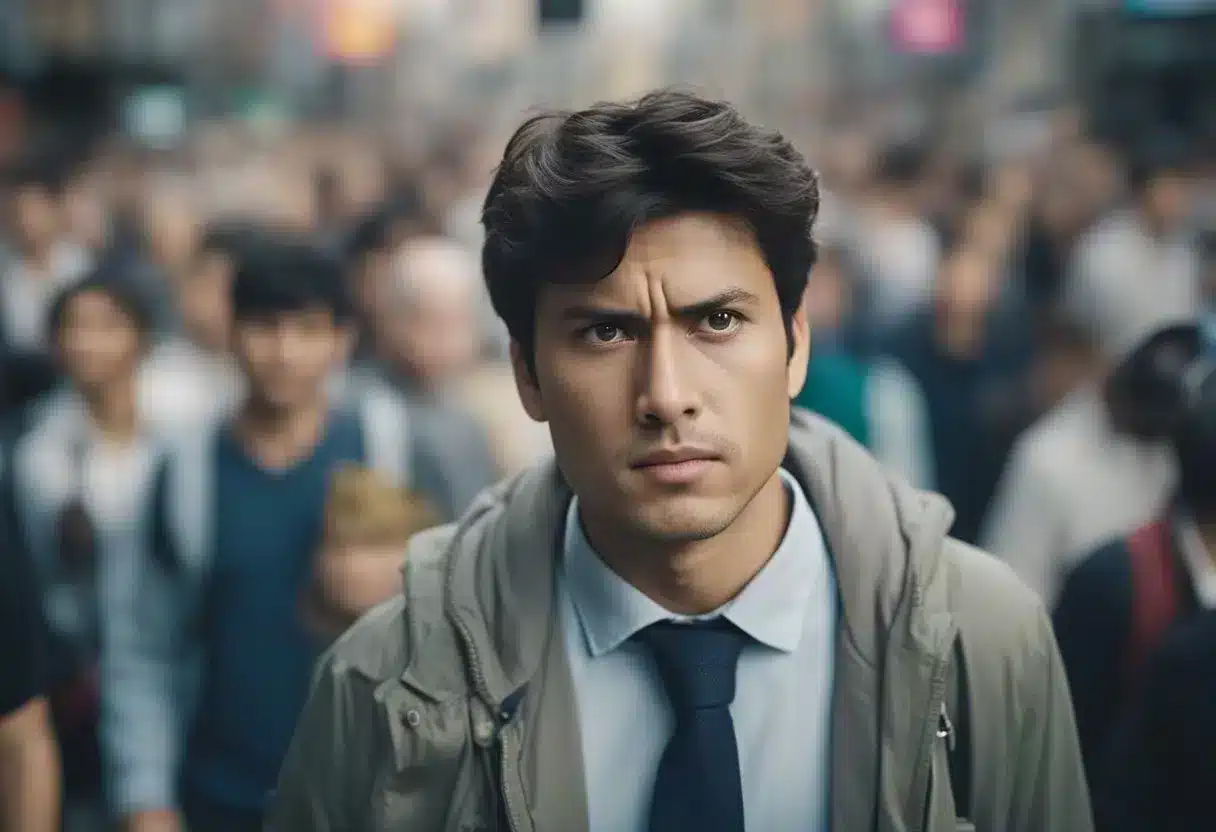 A person with irritable bowel syndrome experiencing discomfort while trying to navigate through a crowded and noisy environment